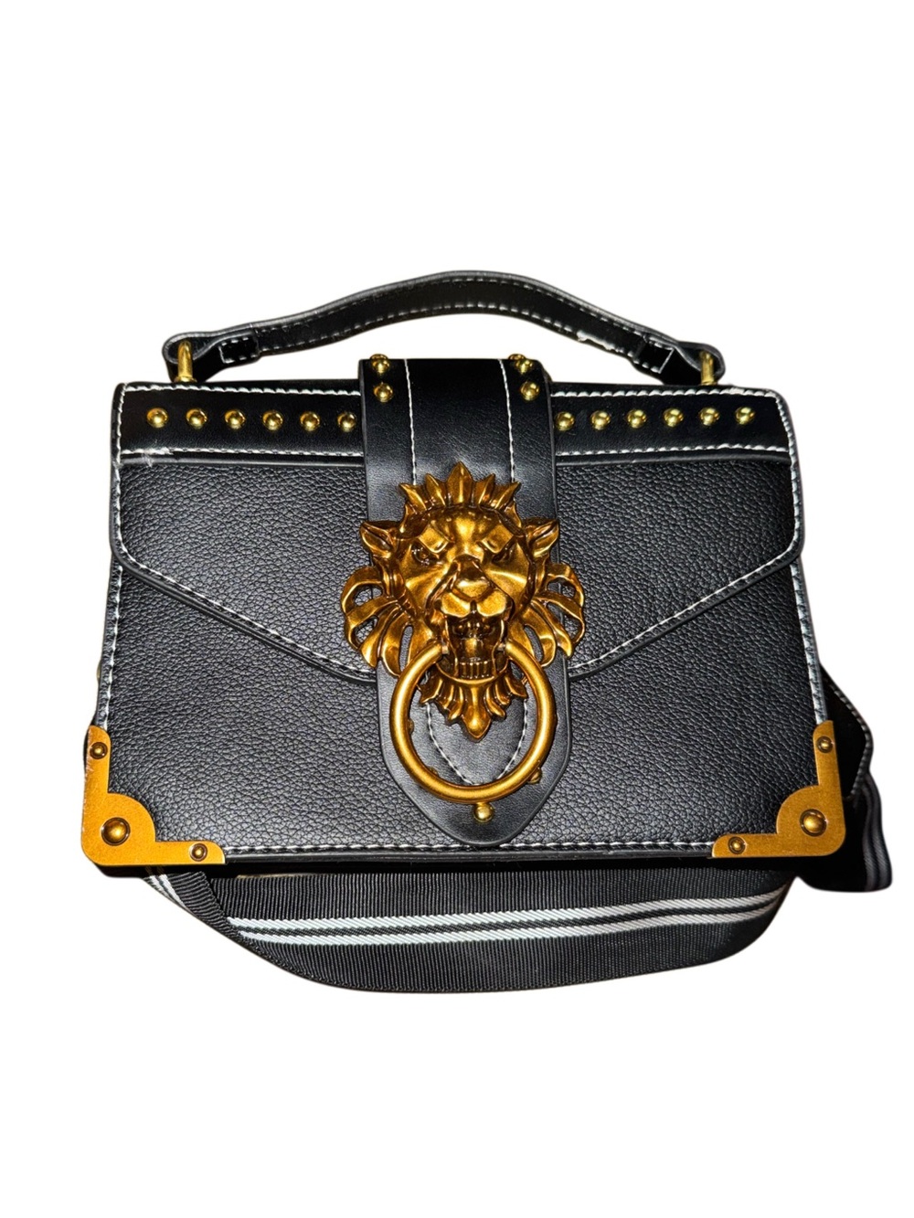 Faux Leather Lion Head Door Knocker Crossbody Bag Black